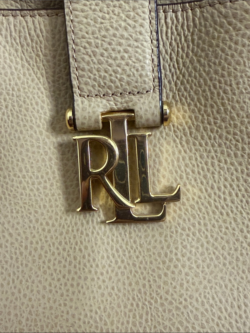 Lauren Ralph Lauren Beige Pebbled Leather Satchel with Gold RL Charm - Picture 3 of 9